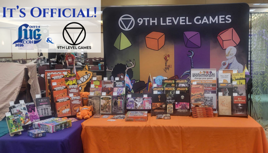 9th Level Games logo and featured exhibitor banner for LUG Con, highlighting indie TTRPGs.
